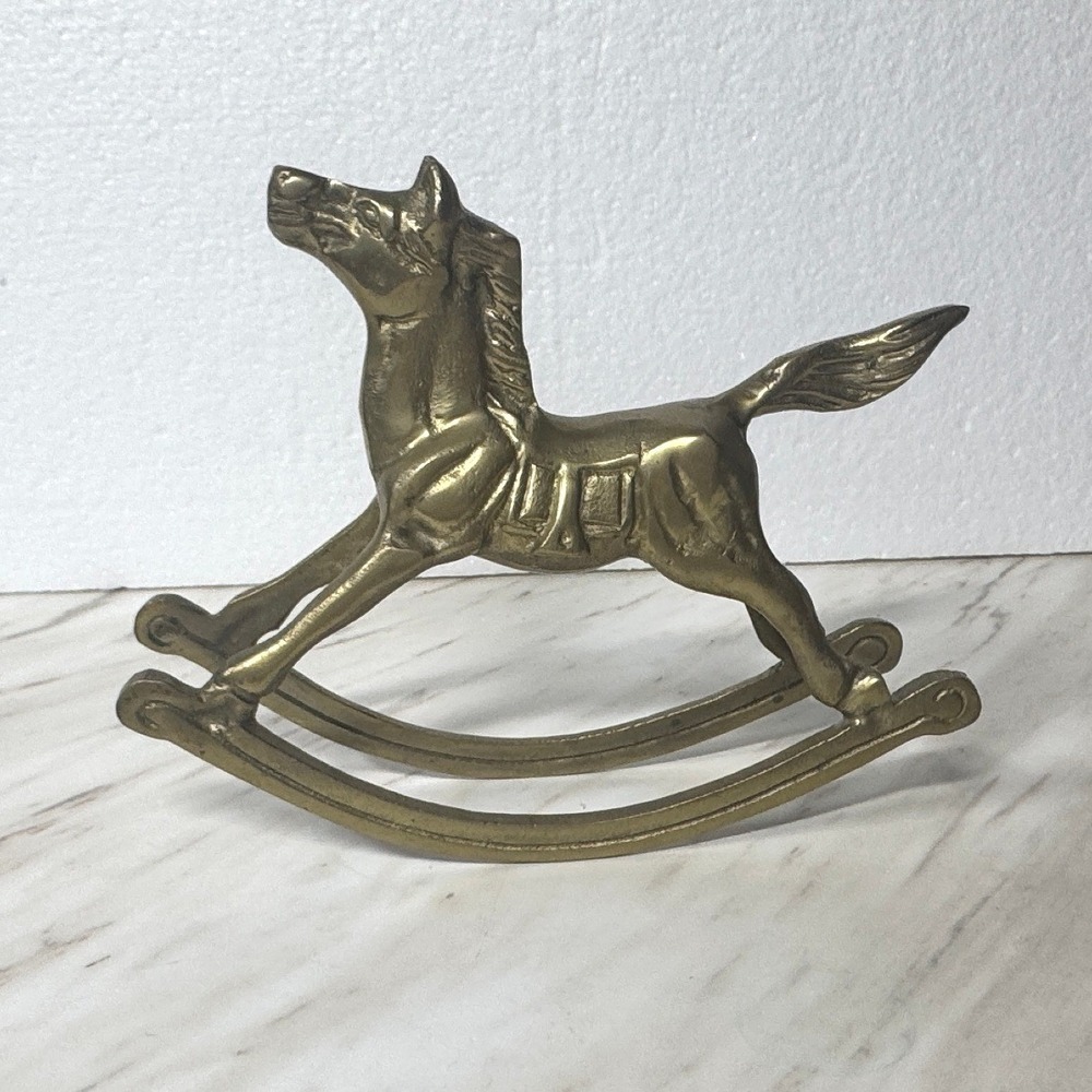 Vintage Solid Brass Rocking Horse Figurine Decorative Equestrian Nursery Decor
